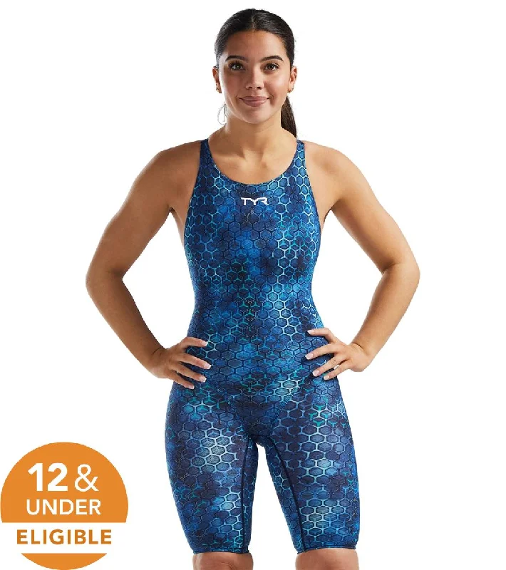 TYR Women's Akurra Thresher Open Back Tech Suit Swimsuit Blue High-Waisted Swim Bottoms