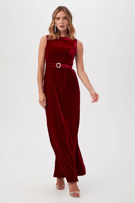 VEDDA VELVET BELTED SLEEVELESS MAXI DRESS Elegant Silk Maxi Dress