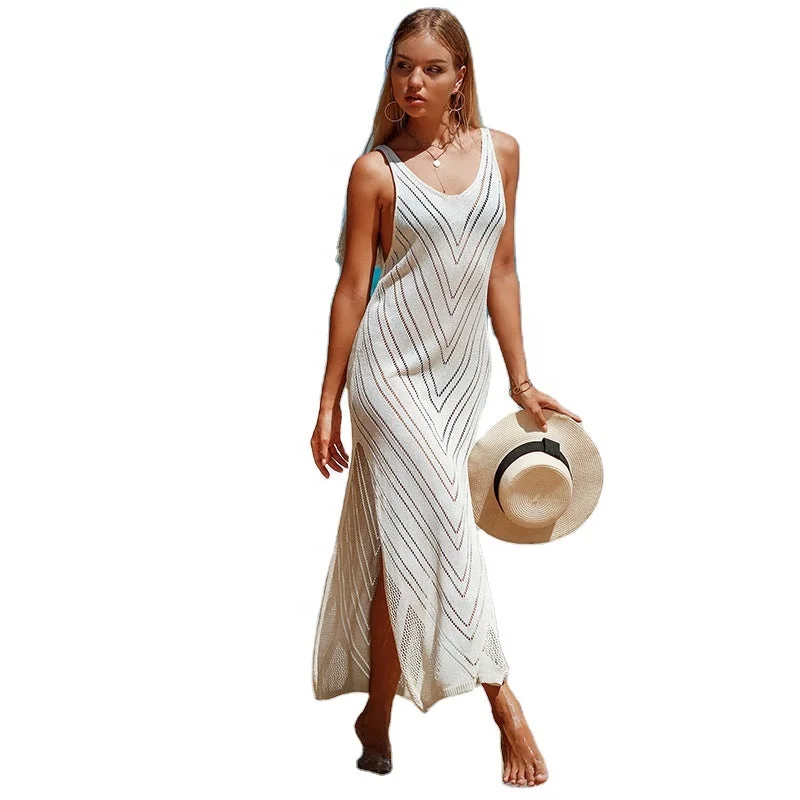 Wholesale Custom Sleeveless Knitted Long Dress Beachwear Swimsuit Bikini Cover up Crochet Dress Skirt Mesh Panel Swimwear