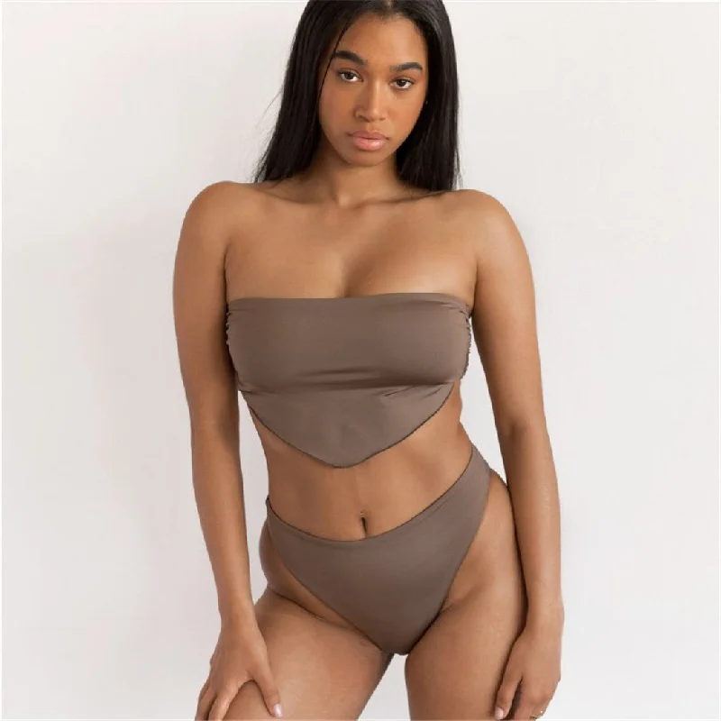 Wholesaler New Arrival Apron Tube Top Brown Sexy High Waist Bikini, High Quality 2 Pcs Vintage Women Fitness Swimwear For Ladies Monokini Swimsuit Design