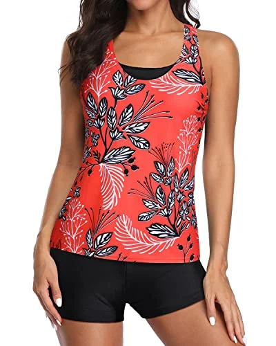 High Waisted Athletic Sports Bra Tankini Swimsuits For Women-Red Floral Vibrant Bikini Design