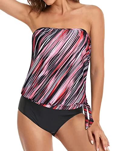 Tummy Control Bandeau Tankini Bathing Suits For Women-Pink Stripe Sleek Mesh Bikini