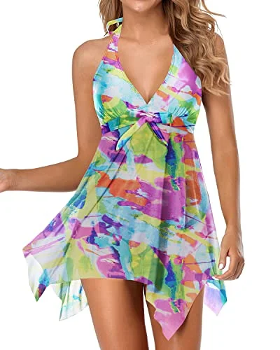 Backless Asymmetrical Handkerchief Swimdress For Women-Color Tie Dye Sleek Racerback Swimsuit