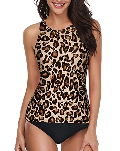 High Neck Tankini Bathing Suits For Women With Shorts-Black And Leopard Monokini Swimsuit Design