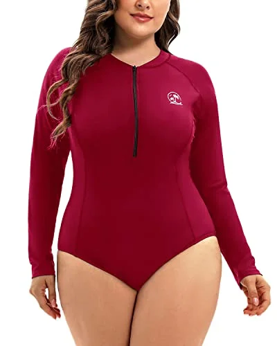 Plus Size One Piece Rash Guard For Women Long Sleeve Swimsuit Upf 50+-Red Sporty Swimsuit Style