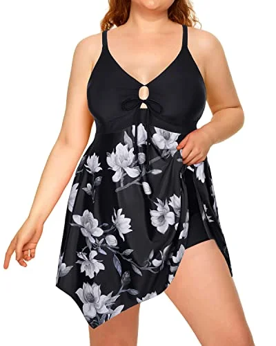 Irregular Hem Plus Size Swimdress Boylegs For Women-Black Elegant Ruffled Bikini