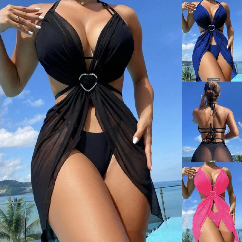 Women's Solid Color Split Swimsuit Three-piece Bikini Strapless Swimsuit Top