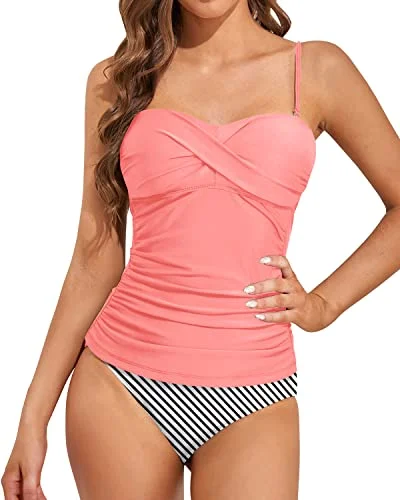 Comfortable And Stylish Bandeau Tankini Swimwear-Coral Pink Stripe Shiny One-Piece Swimsuit