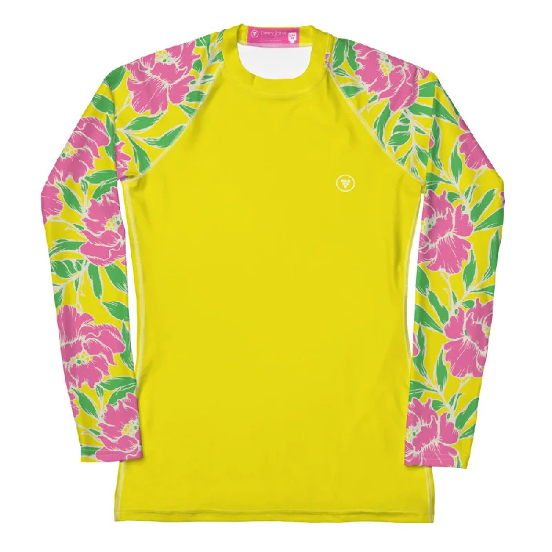 Women's UPF 50+ Yellow Rash Guard, Swim Shirt - Pink Peonies High-Cut One-Piece