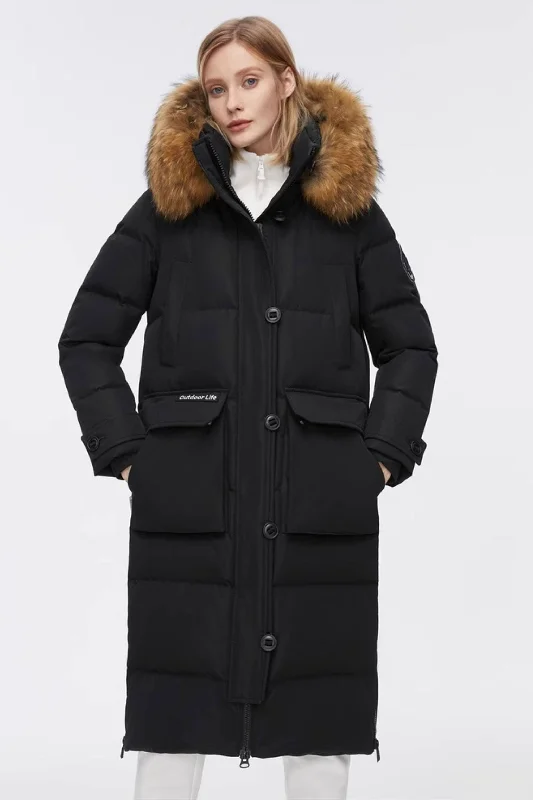 Long Goose Down Jacket With Removable Fur Hood Chenille Fabric Brocade Fabric Lace Fabric Long Goose Down Jacket With Removable Fur Hood Chenille Fabric Brocade Fabric Lace Fabric