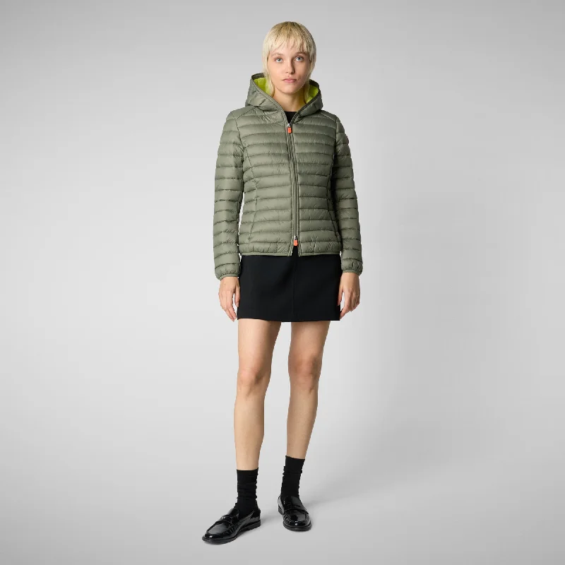 Women's Hooded Puffer Jacket Daisy in Swamp Green Fleece Fabric Down Fabric Feather Fabric Women's Hooded Puffer Jacket Daisy in Swamp Green Fleece Fabric Down Fabric Feather Fabric