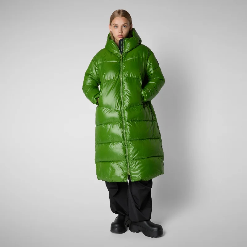 Women's animal free hooded Animal free Puffer jacket Clarice in GRASS GREEN Welt Pockets Slit Pockets Flap Pockets Women's animal free hooded Animal free Puffer jacket Clarice in GRASS GREEN Welt Pockets Slit Pockets Flap Pockets