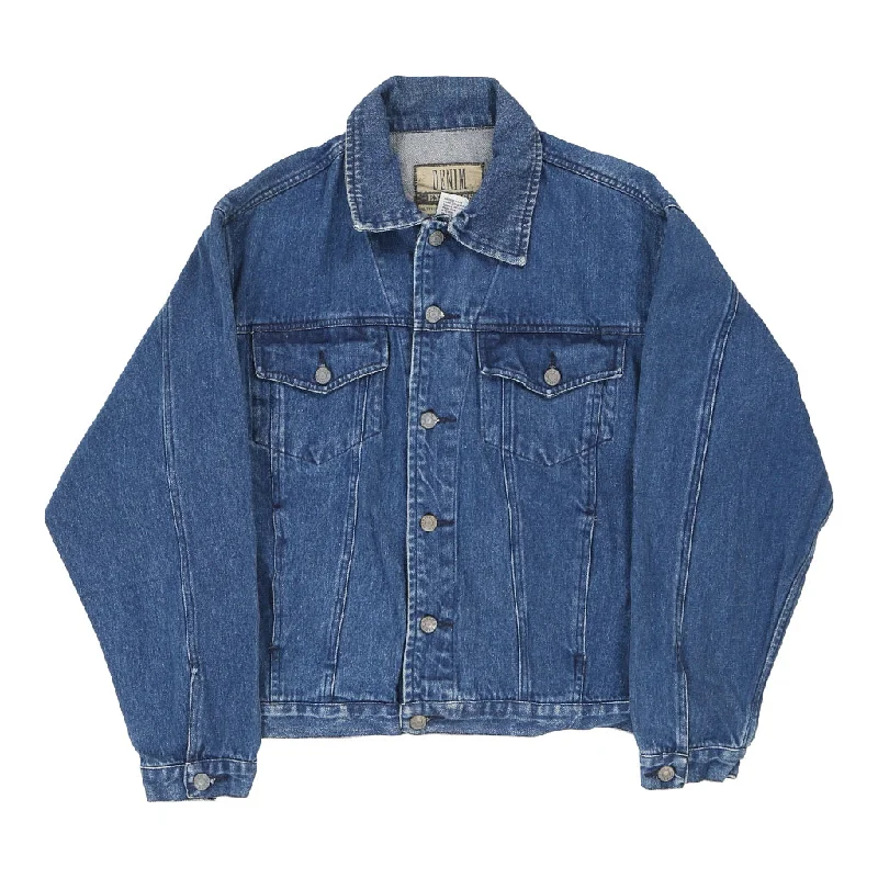 Denim Express Denim Jacket - Medium Blue Cotton Notch Collar Jacket Peter Pan Collar Jacket Cowl Neck Jacket