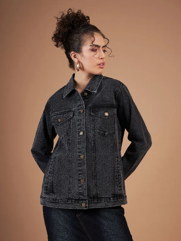 Lyush Women Black Washed Denim Oversized Jacket Oversized Jacket Tailored Jacket Straight Jacket