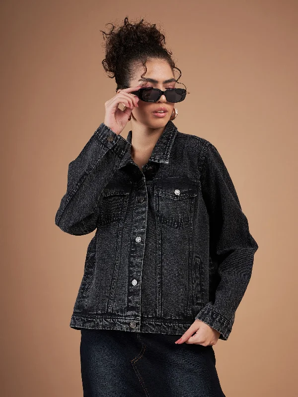 Lyush Women Black Washed Denim Regular Jacket Jersey Jacket Tulle Jacket Batik Jacket