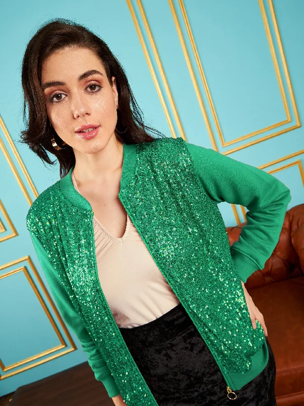 Lyush Women Green Sequin Jacket Cotton Fabric Linen Fabric Terry Fabric