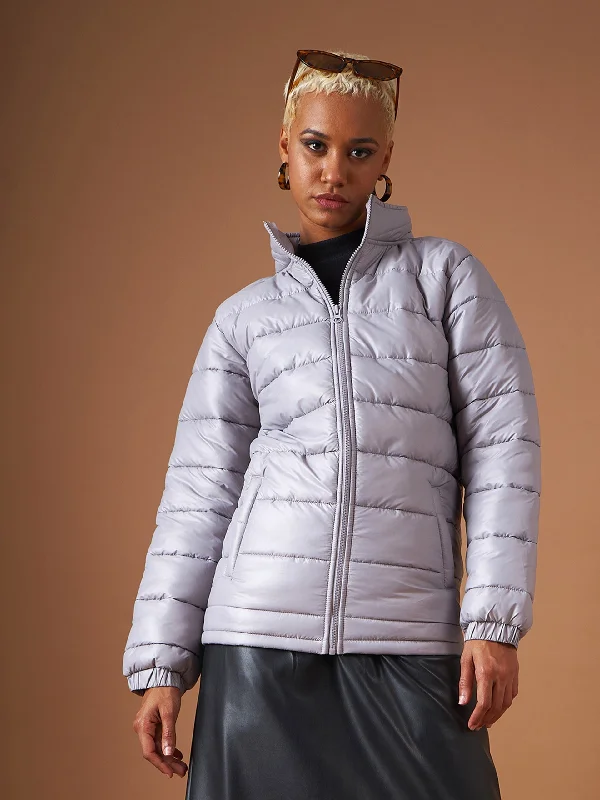 Lyush Women Grey High Neck Horizontal Quilt Puffer Jacket Nylon Jacket Polyester Jacket Spandex Jacket