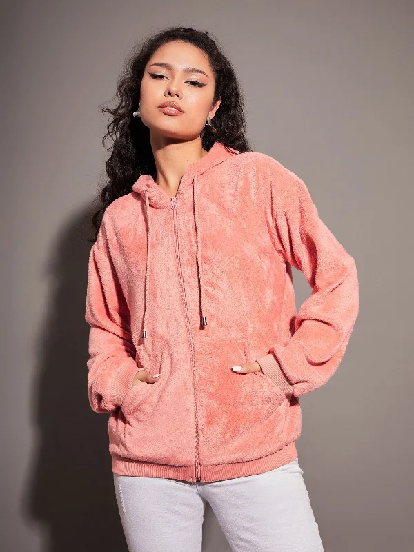 Lyush Women Peach Fur Hooded Jacket Bomber Jacket Anorak Windbreaker