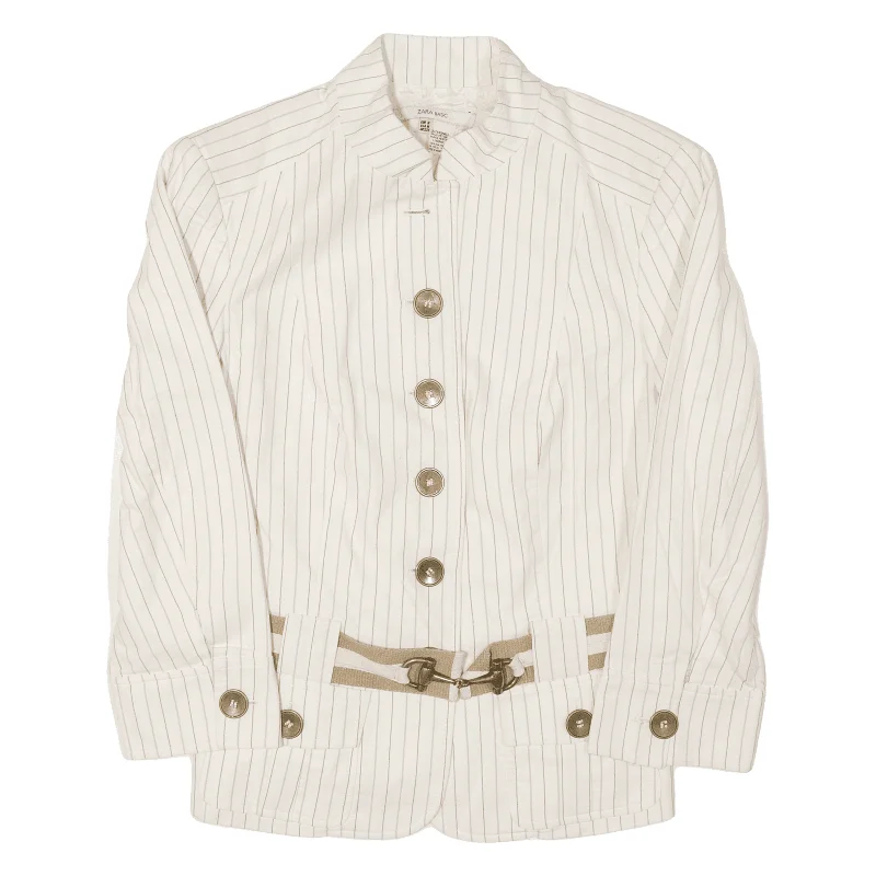 ZARA Basic Jacket Cream Pinstripe Womens M Notch Collar Peter Pan Collar Cowl Neck