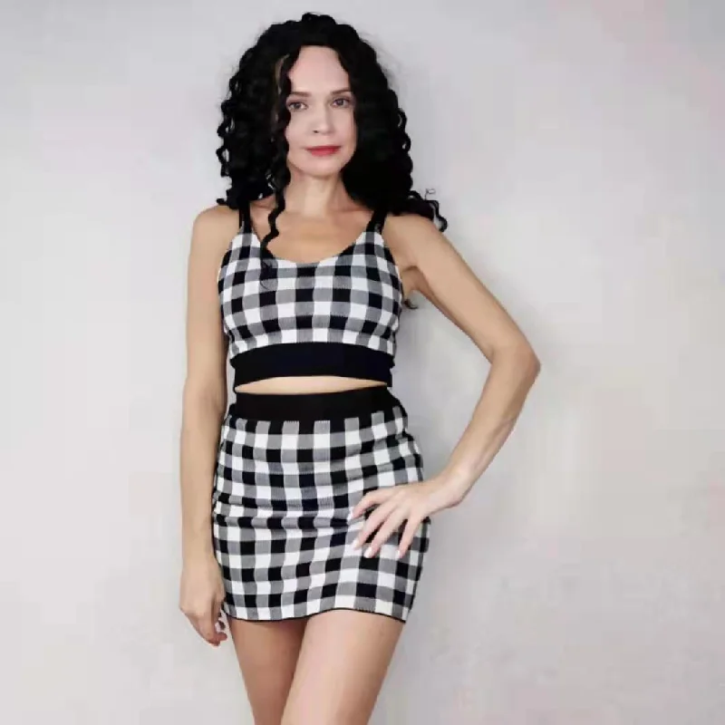 2pcs/set Women's Knit Suit Plaid Camisole Hip Skirt Two-piece Set bodycon Short Skirt Two-piece Women Outfits pencil skirt chic 2pcs/set Women's Knit Suit Plaid Camisole Hip Skirt Two-piece Set bodycon Short Skirt Two-piece Women Outfits pencil skirt chic