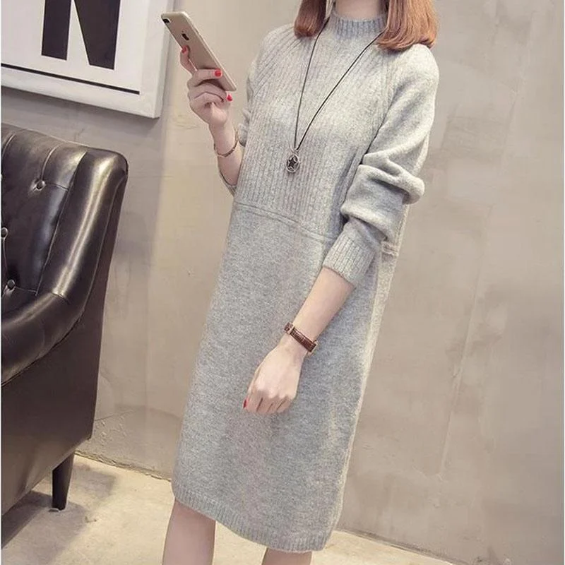 Autumn and Winter Half Turtleneck Sweater Mid-length Loose Solid Color Bottoming Shirt Fashion Casual Sweater Skirt denim skirt classic Autumn and Winter Half Turtleneck Sweater Mid-length Loose Solid Color Bottoming Shirt Fashion Casual Sweater Skirt denim skirt classic