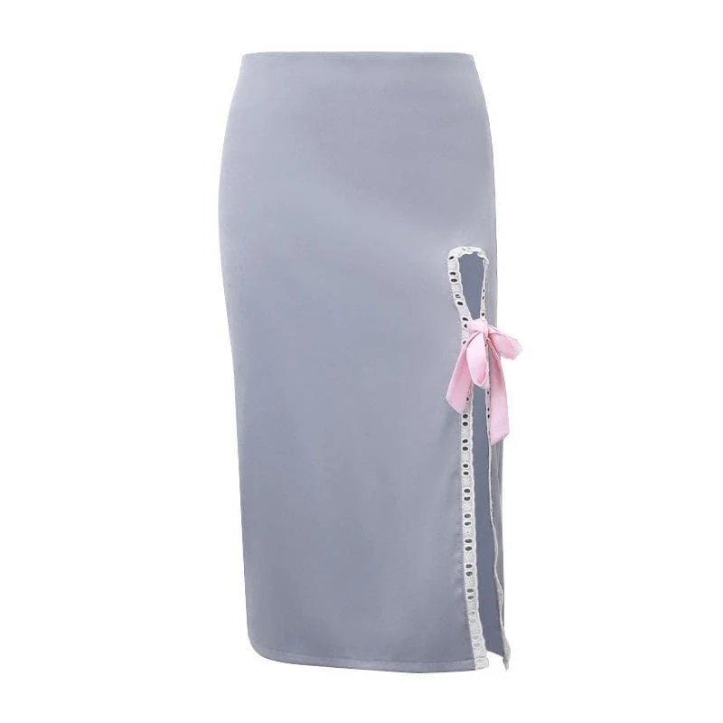 Bowknot slit lace hem denim zip-up hollow out irregular cut out midi skirt wool skirt warm Bowknot slit lace hem denim zip-up hollow out irregular cut out midi skirt wool skirt warm