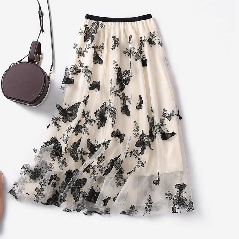 Butterfly embroidery Women Chiffon Skirt Mid-length A-line Skirt Plus Size Fairy Skirt Summer Ruffled Elastic Waist Sandy Beach Vacation Daily denim skirt durable Butterfly embroidery Women Chiffon Skirt Mid-length A-line Skirt Plus Size Fairy Skirt Summer Ruffled Elastic Waist Sandy Beach Vacation Daily denim skirt durable