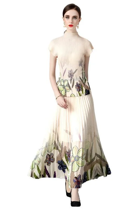 Cream Brown Floral Two Piece Skirt Set ruffled skirt detail