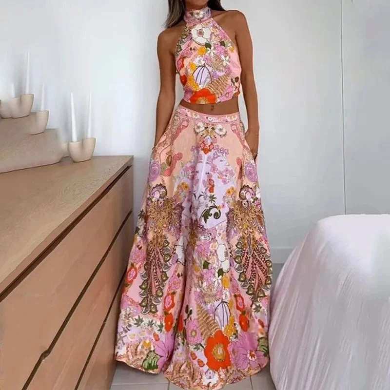 Fashion Printed Half Turtleneck Sleeveless Mid-length Expansion Skirt Suit denim skirt classic Fashion Printed Half Turtleneck Sleeveless Mid-length Expansion Skirt Suit denim skirt classic