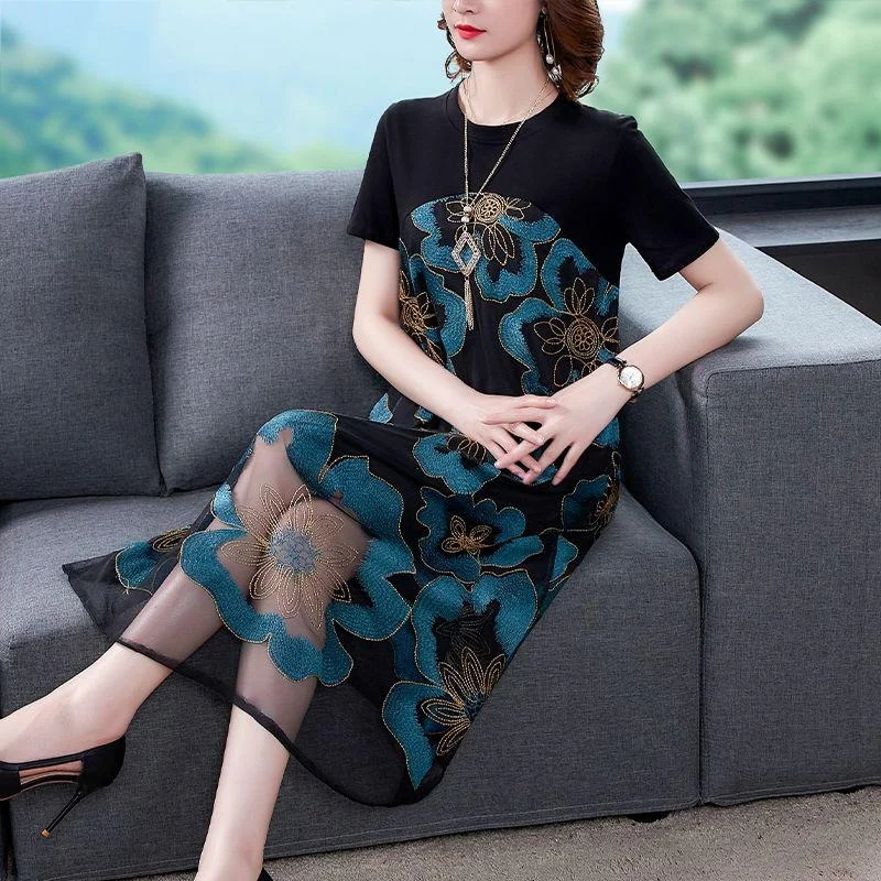 Large Siz M-XXXXL Summer Loose Chiffon Round Neck Exquisite Embroidery Pattern Stitching Mid-length Skirt corduroy skirt comfortable Large Siz M-XXXXL Summer Loose Chiffon Round Neck Exquisite Embroidery Pattern Stitching Mid-length Skirt corduroy skirt comfortable