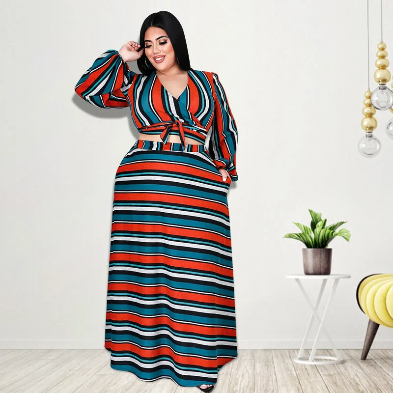 Plus Size Plus Size Women Clothing Autumn Striped Printed Long Sleeves Long Skirt Set wool skirt sturdy Plus Size Plus Size Women Clothing Autumn Striped Printed Long Sleeves Long Skirt Set wool skirt sturdy