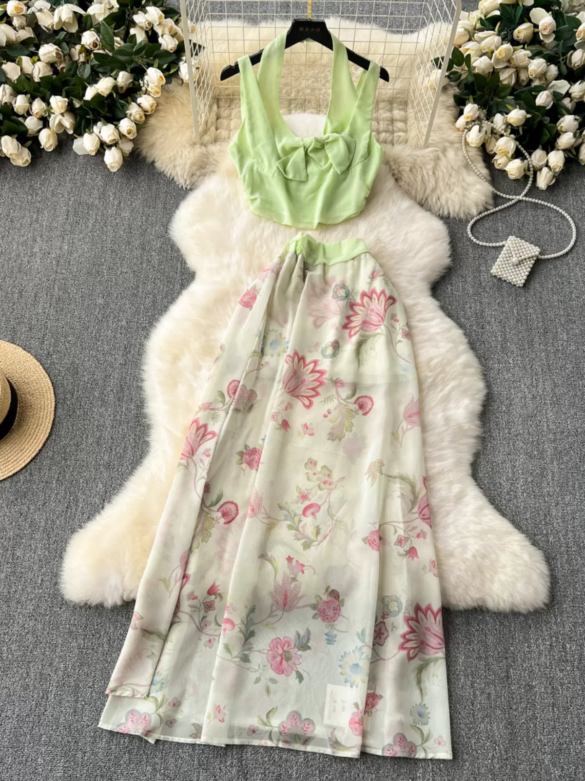 Spring Floral Skirt and Lime Green Top Ensemble relaxed fit skirt