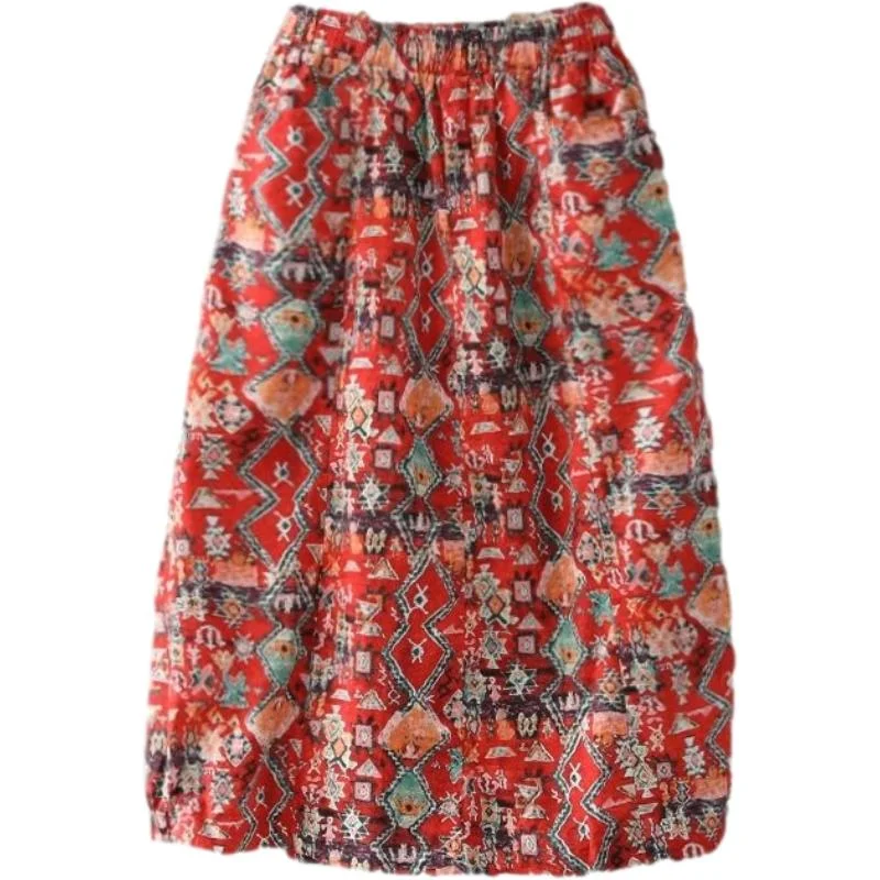 Women Large Size Cotton and Linen A-line Skirt Ethnic Style Printed Short Skirt Knee-length Enthusiasm silk skirt sleek Women Large Size Cotton and Linen A-line Skirt Ethnic Style Printed Short Skirt Knee-length Enthusiasm silk skirt sleek