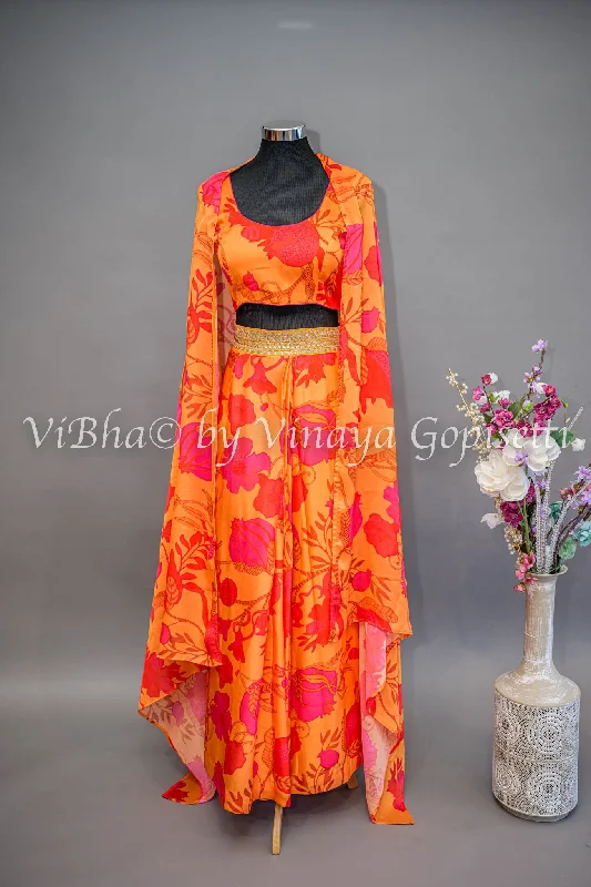 Tangerine And Coral Pink Floral Print Cowl Skirt With Detachable Cape linen skirt airy Tangerine And Coral Pink Floral Print Cowl Skirt With Detachable Cape linen skirt airy