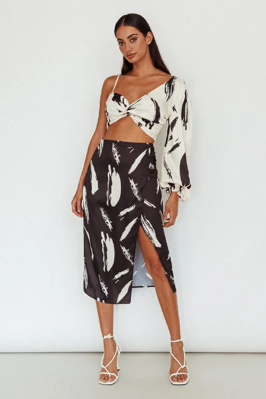 Amina Split Midi Skirt Printed Black silk skirt lustrous