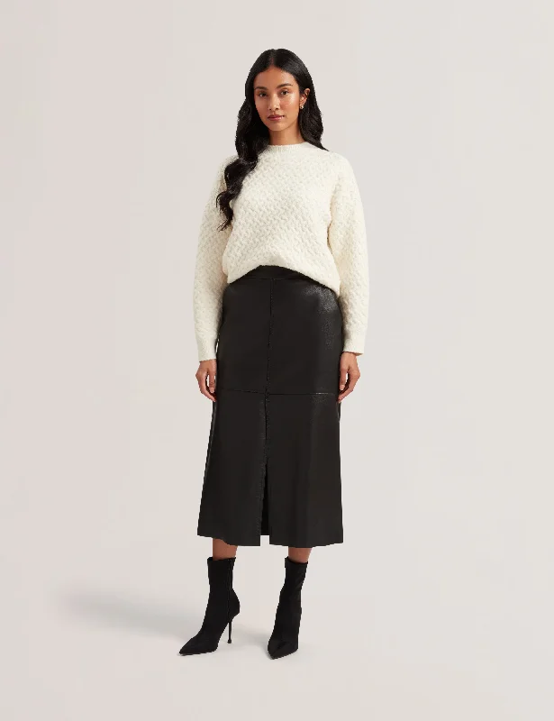 Aoto Leather Midi Skirt With Centre Front Black linen skirt breathable