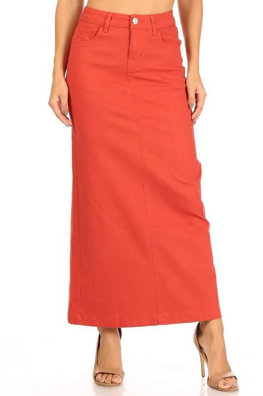 Ava Long Color Denim Skirt in Terra Cotta (FINAL SALE) belted skirt waist