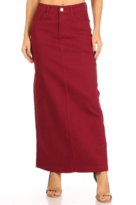 Ava Long Color Denim Skirt in Wine cashmere skirt rich