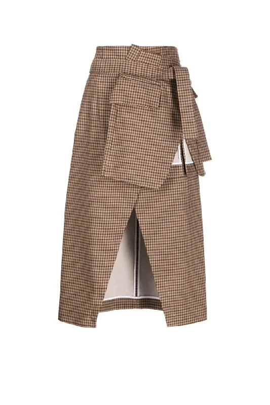 A.W.A.K.E. Mode Wrap Skirt - Beige Gingham wool skirt sturdy