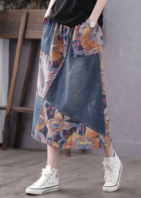 Casual Blue Pockets Patchwork Print A Line Fall Denim Skirts lace skirt romantic