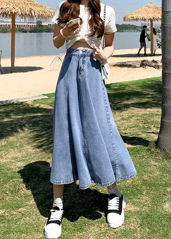 Classy Denim Light Blue High Waist Patchwork Button Cotton A Line Skirts Summer denim skirt classic