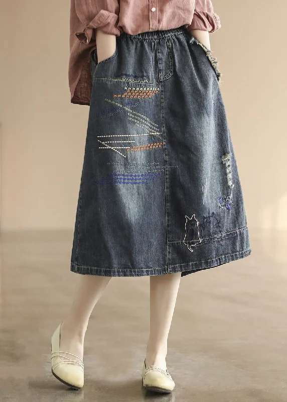 Dark Blue Elastic Waist Embroideried Cotton Denim Ripped Skirts Summer wool skirt breathable