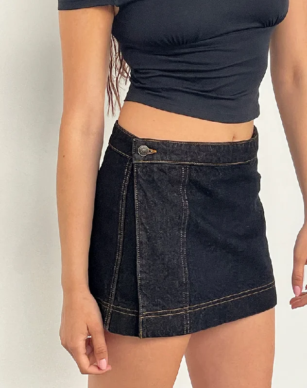 Denim Mini Wrap Skirt in Indigo linen skirt relaxed