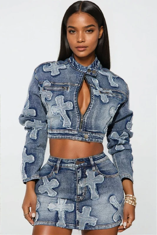 Embroidered Denim Skirt and Cropped Jacket Set silk skirt elegant