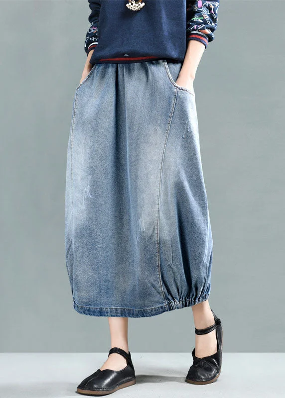 Fashion Light Blue Elastic Waist Pockets Cotton Denim Skirt Summer denim skirt stylish