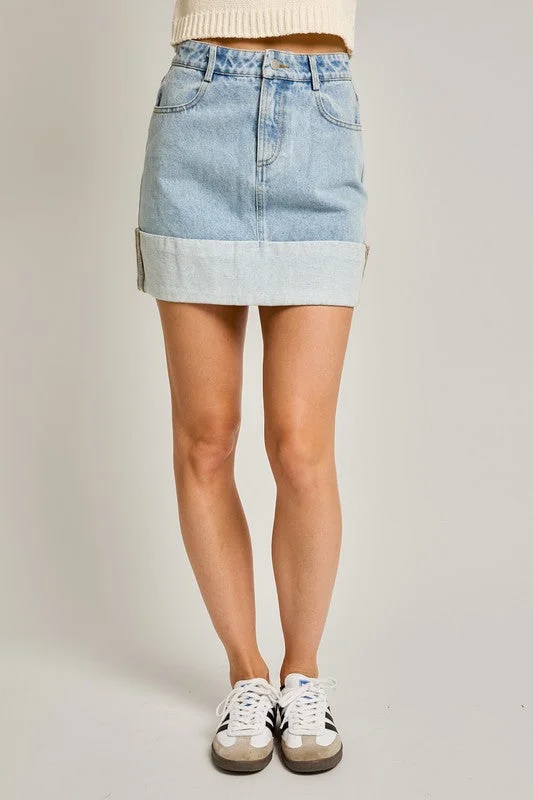 High Waisted Cuffed Denim Mini Skirt modal blend skirt