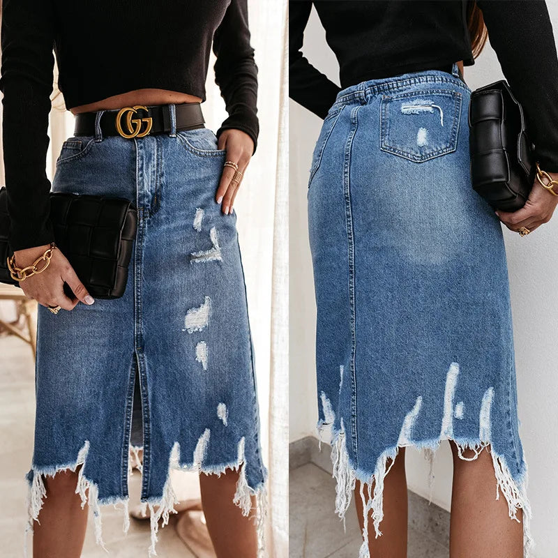 Knee Length Denim Skirt Casual Pocket High Waist Straight Denim Skirt linen skirt breathable