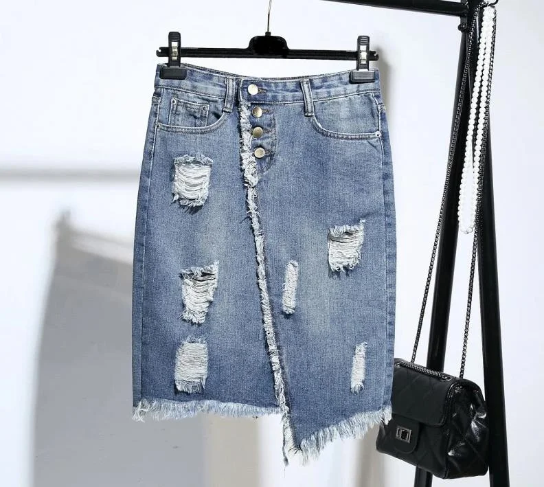 Light Blue Button Ripped Midi Denim Skirts corduroy skirt textured