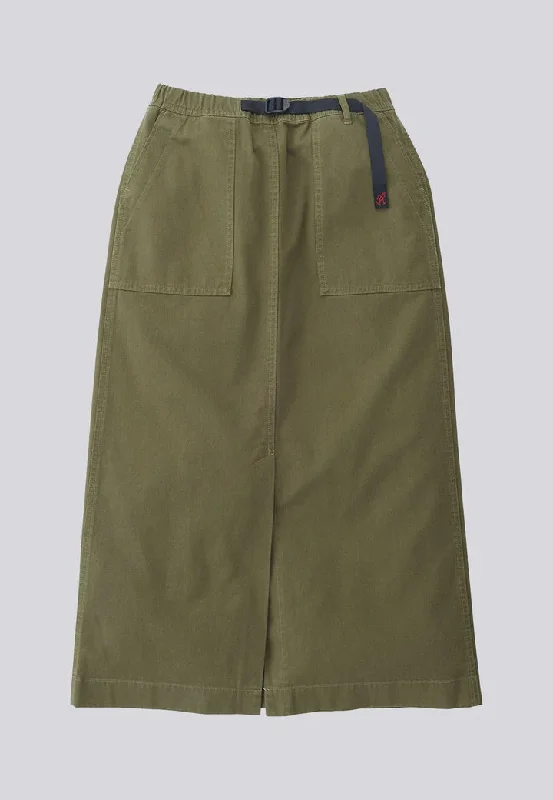 Long Baker Skirt - Olive flowy skirt hem