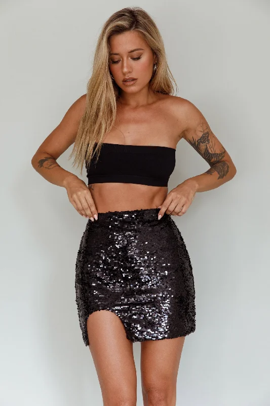 Luna Heart Sequin Mini Skirt Black silk skirt smooth